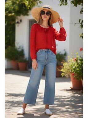 GAP Flowy Red Shirt With Black Star Pattern Boho Style Size Medium
